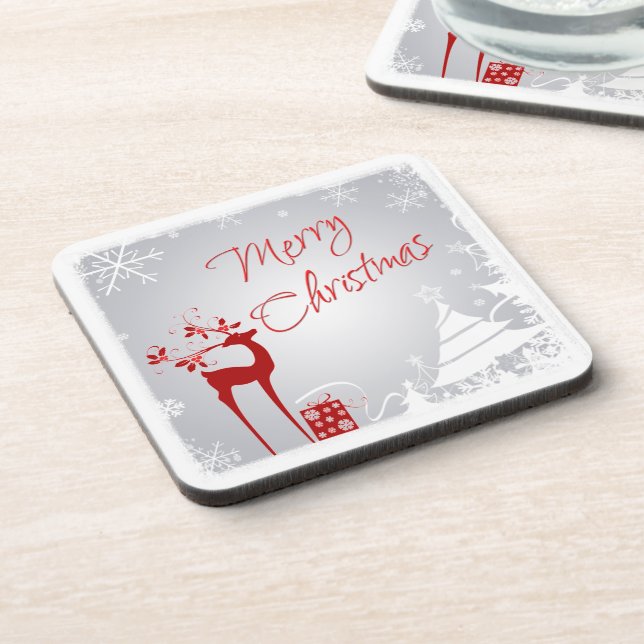 Red, Grey Merry Christmas Coaster Set (6) (Left Side)