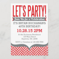 Red Grey Modern Herringbone Birthday Invitations