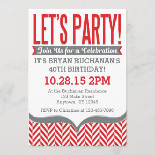 Red Grey Modern Herringbone Birthday Invitations
