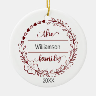 Red Grey Monogram Family Name Floral Wreath  Ceramic Ornament