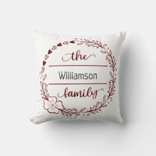 Red Grey Monogram Family Name Floral Wreath Cushion