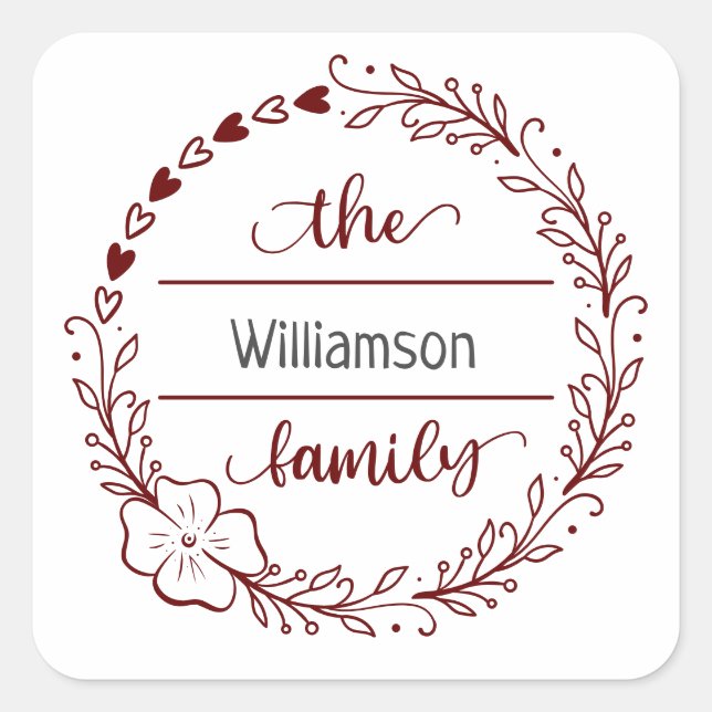 Red Grey Monogram Family Name Floral Wreath Square Sticker (Front)