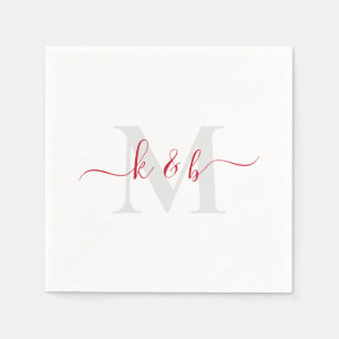 Red & Grey Monogram Swash Script White Cocktail Napkin