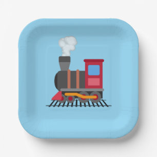 Red, grey, orange and blue colour train paper plate