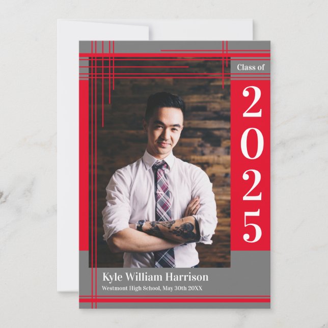 Red Grey School Colour Graduation Photo Plaid Invitation (Front)