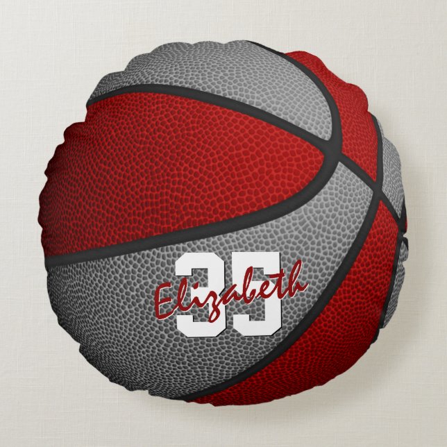 red grey school colours girls boys basketball room round cushion (Front)