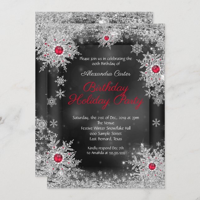 Red grey silver snowflake holiday birthday party invitation (Front/Back)