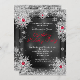Red grey silver snowflake holiday birthday party invitation