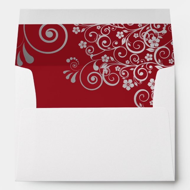Red & Grey Simple Elegant Filigree Wedding Envelope (Back (Bottom))