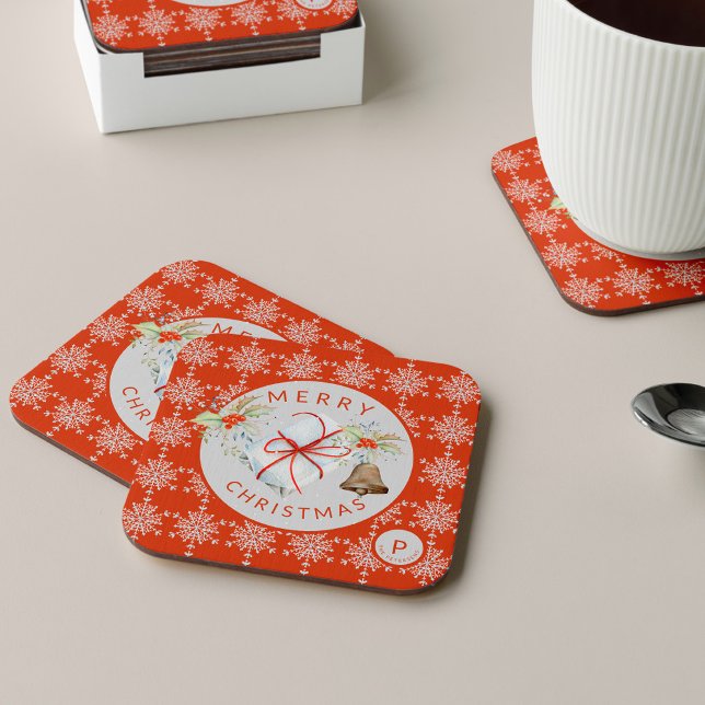 Red Grey Snowflake Christmas Secret Santa Monogram Square Paper Coaster (Creator Uploaded)