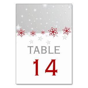 Red, grey snowflake modern wedding table number