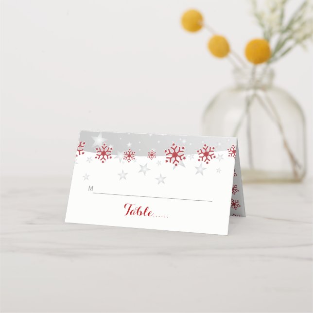 Red, grey snowflake winter wedding folded escort place card (Front)