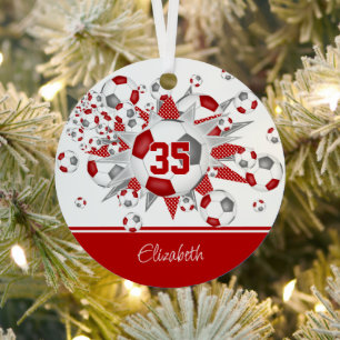 Red grey soccer balls stars personalised  metal tree decoration