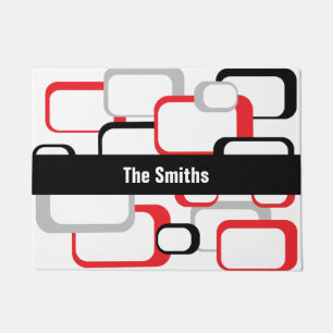 Red Grey Square Pattern Black Stripe Personalise Doormat