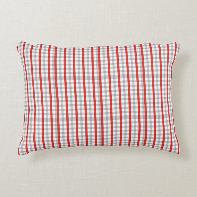 Red Grey Striped Checked Plaid Decorative Cushion (Front)