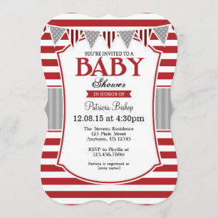 Red Grey Stripes Baby Shower Invitation