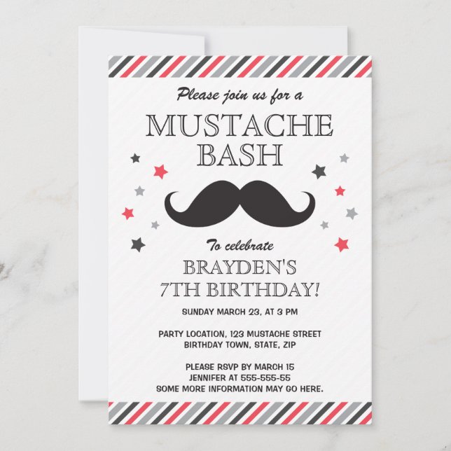 Red grey stripes moustache bash birthday party invitation (Front)