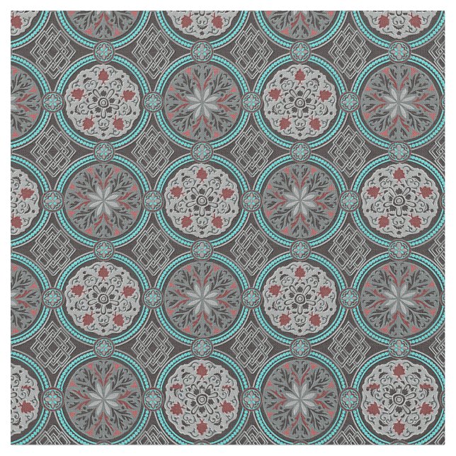 Red, Grey & Teal Damask Style Brocade Fabric (Close Up)