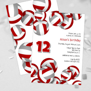 red grey team colours volleyballs kids birthday invitation