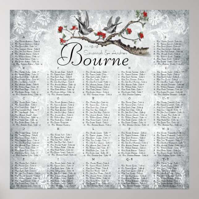 Red & Grey Vintage Birds Reception Seating Chart (Front)