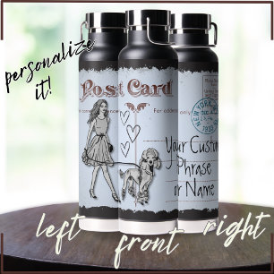 Red Grey Vintage Postcard Woman and Poodle Love  Water Bottle