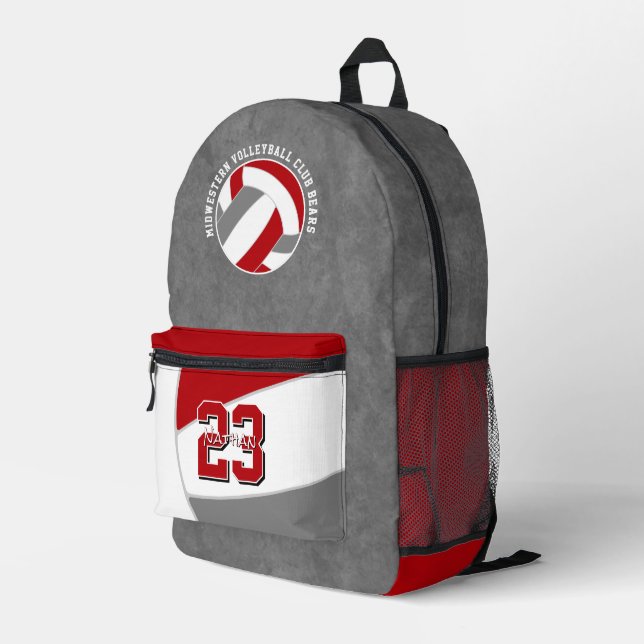 red grey volleyball team colours team name printed backpack (Back Corner Right)