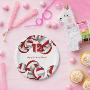 red grey volleyballs girls boys birthday party paper plate