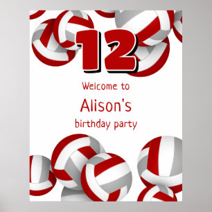 red grey volleyballs kids birthday party welcome poster