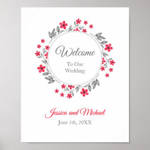 Red, Grey Watercolor Floral Wreath Poster