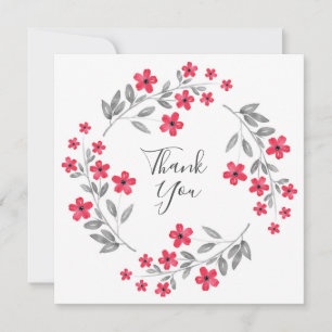 Red Grey Watercolor Floral Wreath Thank You Card
