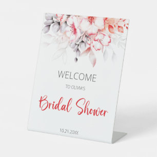 Red Grey Watercolor Flowers Bridal Shower Welcome Pedestal Sign