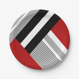 Red, grey, white and black geometric shapes paper plate