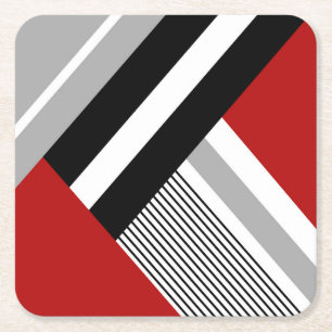 Red, grey, white and black geometric shapes square paper coaster