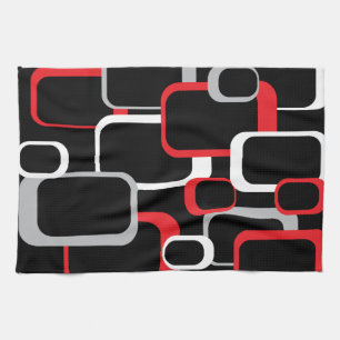 Red Grey White Black Retro Squares Pattern Tea Towel