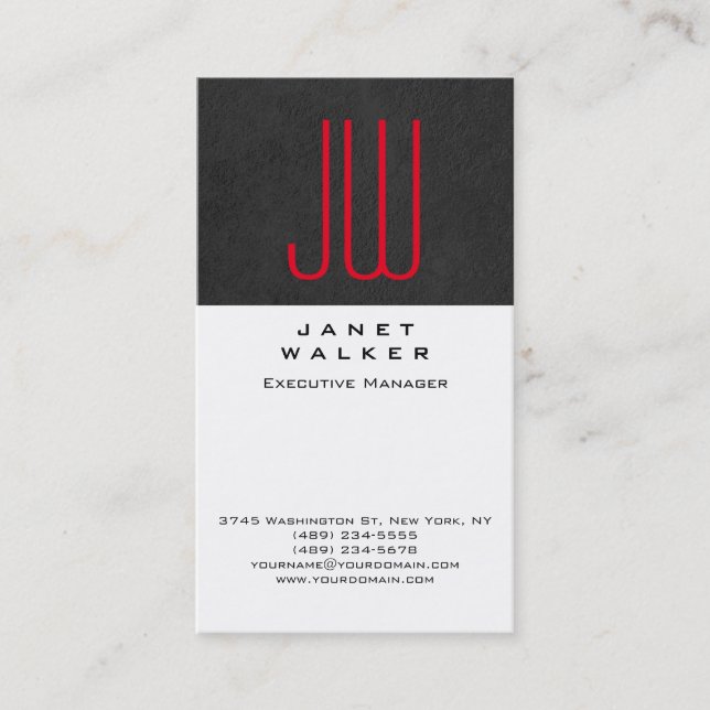 Red grey white professional simple modern monogram business card (Front)