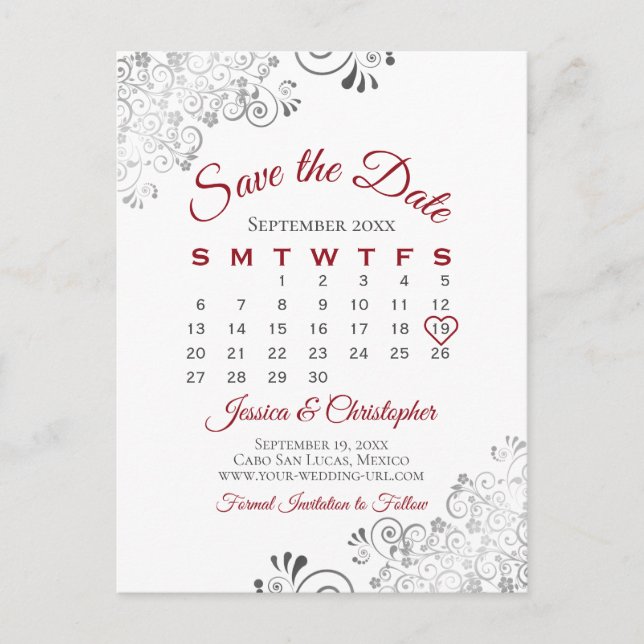 Red, Grey & White Wedding Save the Date Calendar Announcement Postcard (Front)