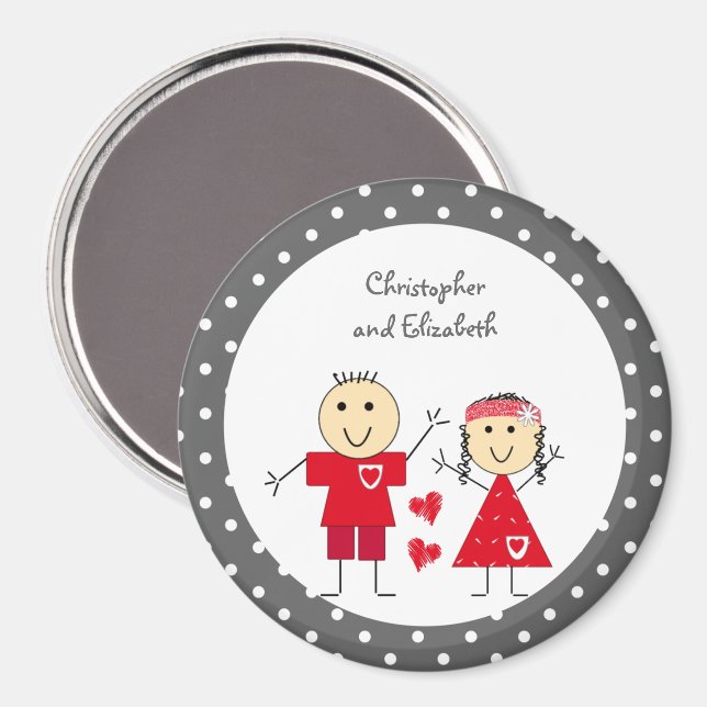 Red grey with dots stick figures and names magnet (Front/Back)
