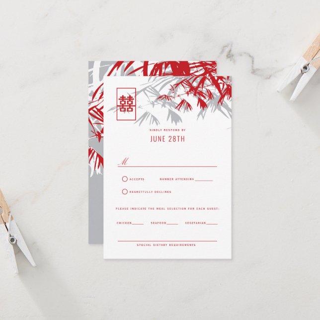 Red & Grey Zen Bamboo Leaves Chinese Wedding RSVPd Invitation (Front/Back In Situ)