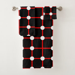 Red Grid and White Dot Pattern on Black Bath Towel Set