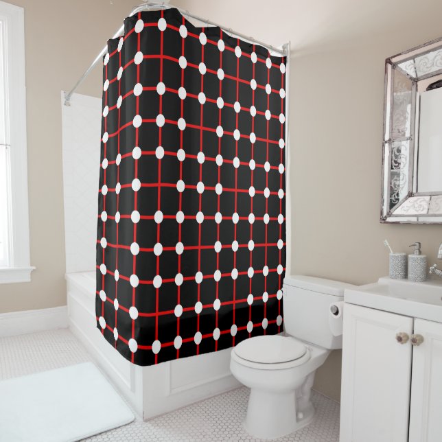 Red Grid and White Dot Pattern on Black Shower Curtain (In Situ)