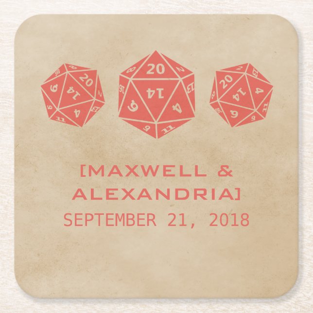 Red Grunge D20 Dice Gamer Paper Coasters (Front)