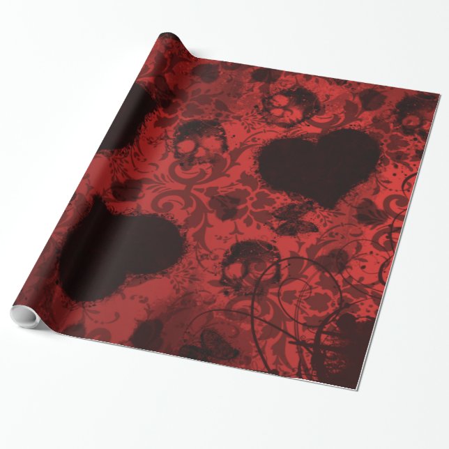 Red Grunge Damask Valentine Wrapping Paper (Unrolled)