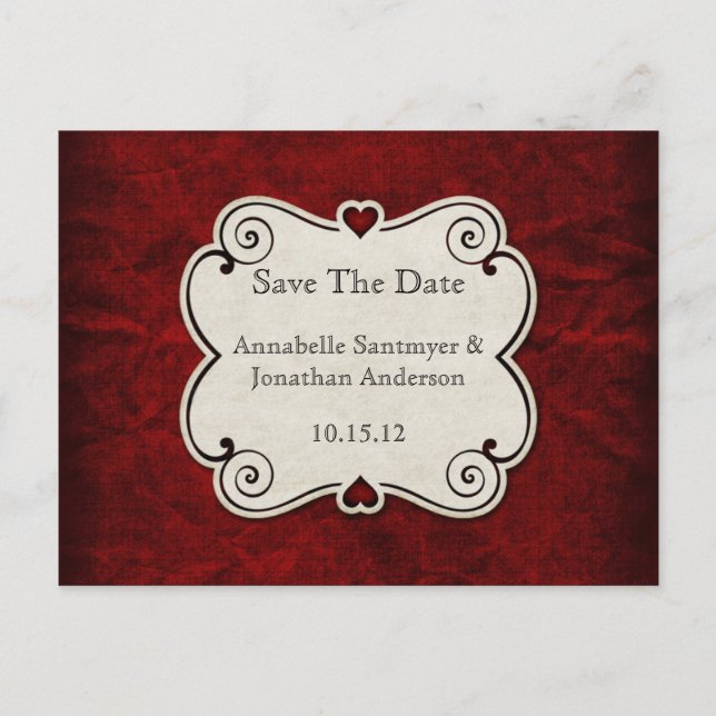 Red Grunge Paper Red Heart Frame Save The Date Announcement Postcard (Front)