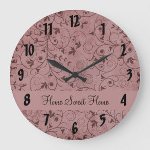 Red Grungy Floral Large Clock