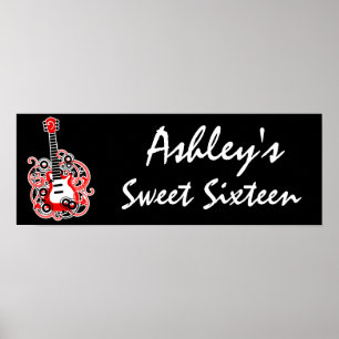Red Guitar Rock Star Sweet 16 Banner Poster