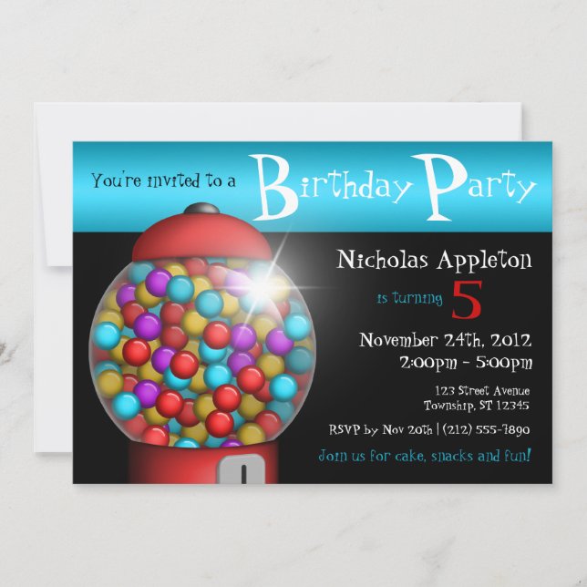 Red Gumball Machine Aqua Birthday Party Invitation (Front)