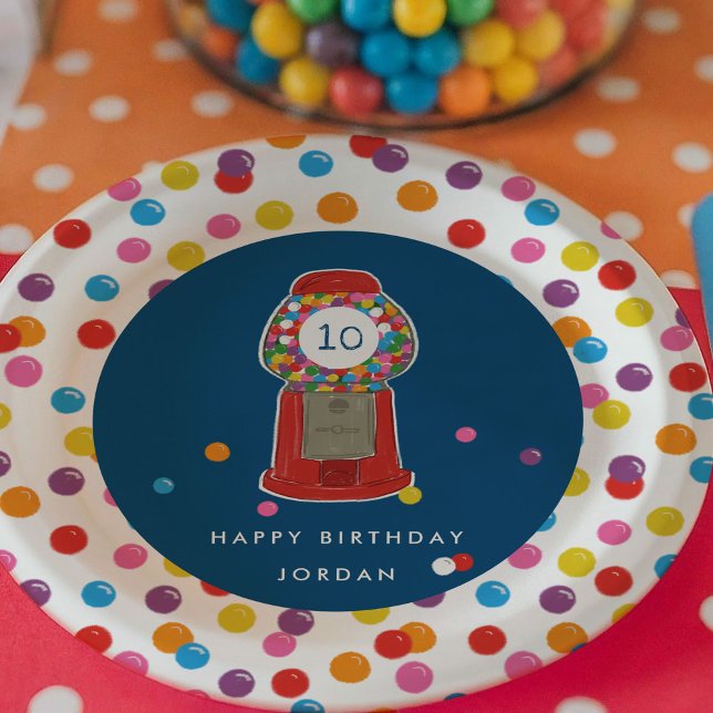 Red Gumball Machine Candy Bubble Gum Birthday Paper Plate (Retro gumball machine birthday party with colorful gumball candy personalized paper plates.)