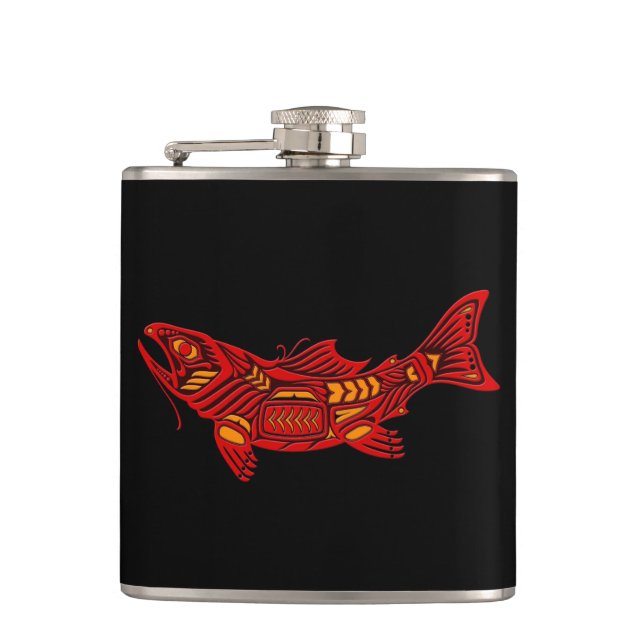 Red Haida Spirit Fish on Black Hip Flask (Front)