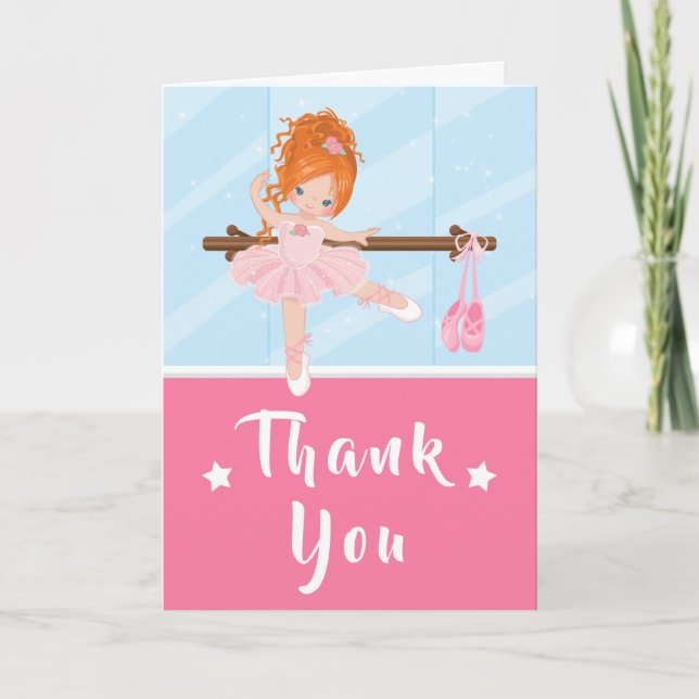 Red Hair Ballerina Pink Birthday Thank You Card (Front)
