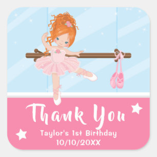 Red Hair Ballerina Pink Birthday Thank You Square  Square Sticker